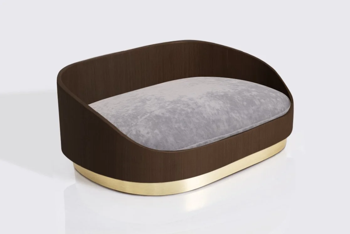 Large dog bed - Walnut frame, Brushed Gold Base, Slate Grey Cushion