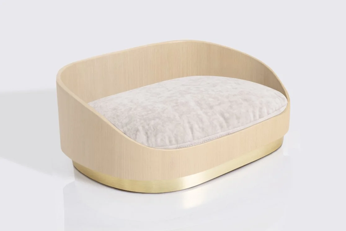 Large dog bed - Light Oak frame, Brushed Gold Base, Ivory Cushion