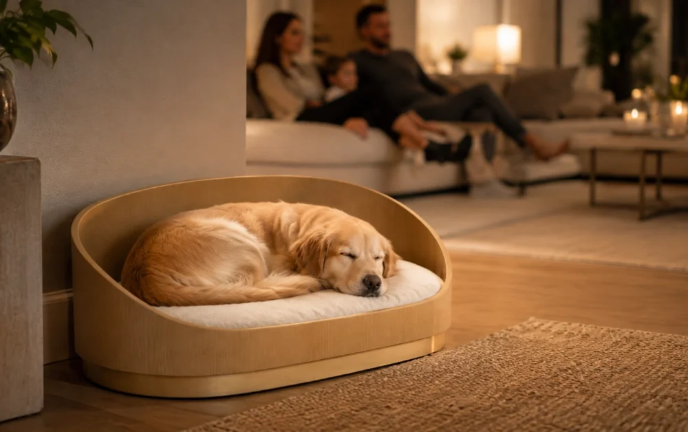 Dog sleeping on Liebling bed in family living room