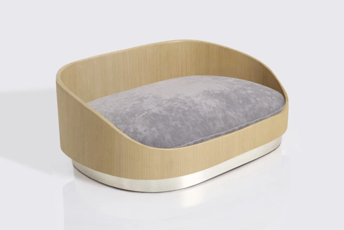 Large dog bed - Warm Maple Wood frame, Brushed Nickel Base, Slate Grey Cushion