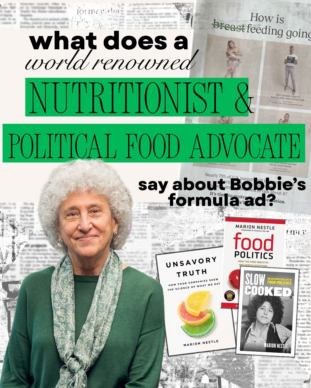 &ldquo;GIVES ORGANICS A BAD NAME&rdquo;

Marion Nestle (no relation) a guiding star for ethical food politics calls BULLSH*T on Bobbie&rsquo;s predatory marketing. Say it with us, Bobbie&rsquo;s advertising is &ldquo;morally and ethically wrong.&rdqu