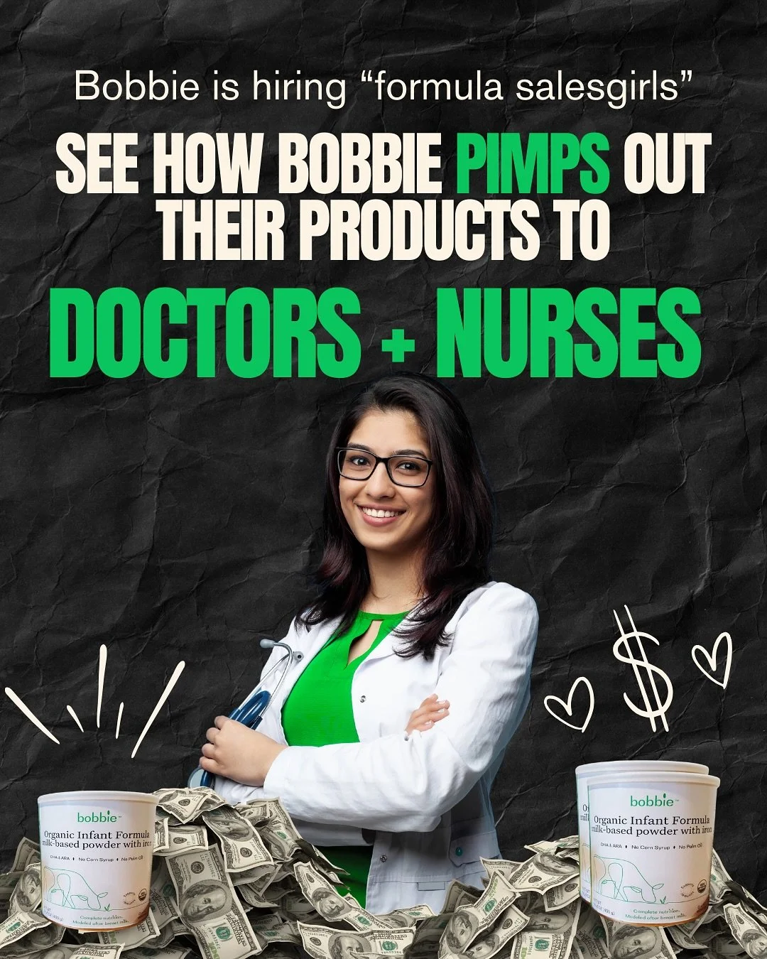 Hospitals are not neutral spaces for new moms and Bobbie knows this. And so they continue the dark, underhanded tradition of manipulating postpartum care into a profit stream.

When a doctor or nurse recommends a PRODUCT it carries the full weight of