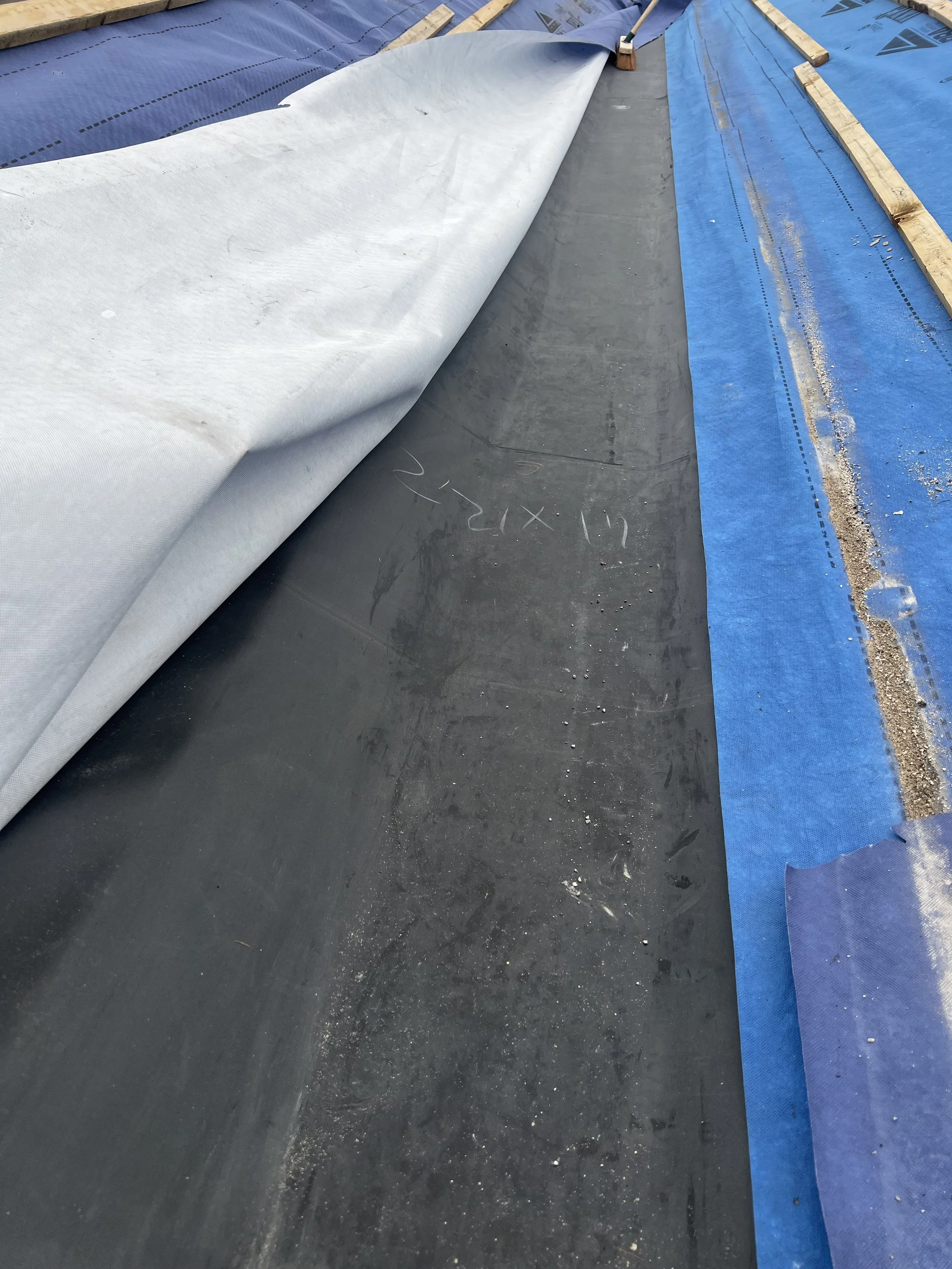 Close-up view of a construction site roof showing black roofing material, blue roofing underlayment, and white protective cover partially rolled back.