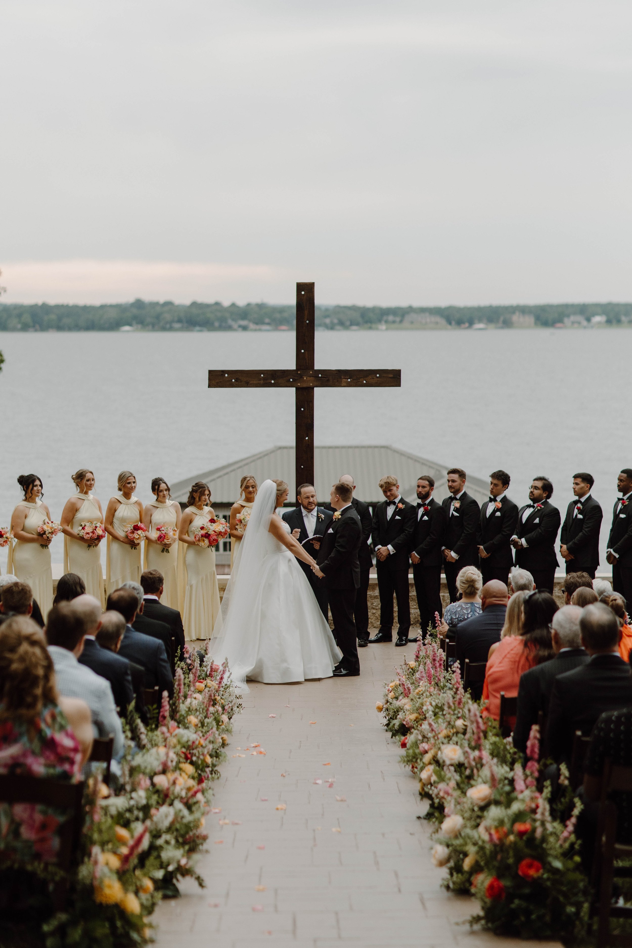A wide angle wedding party - an elevated backyard wedding in East Texas.