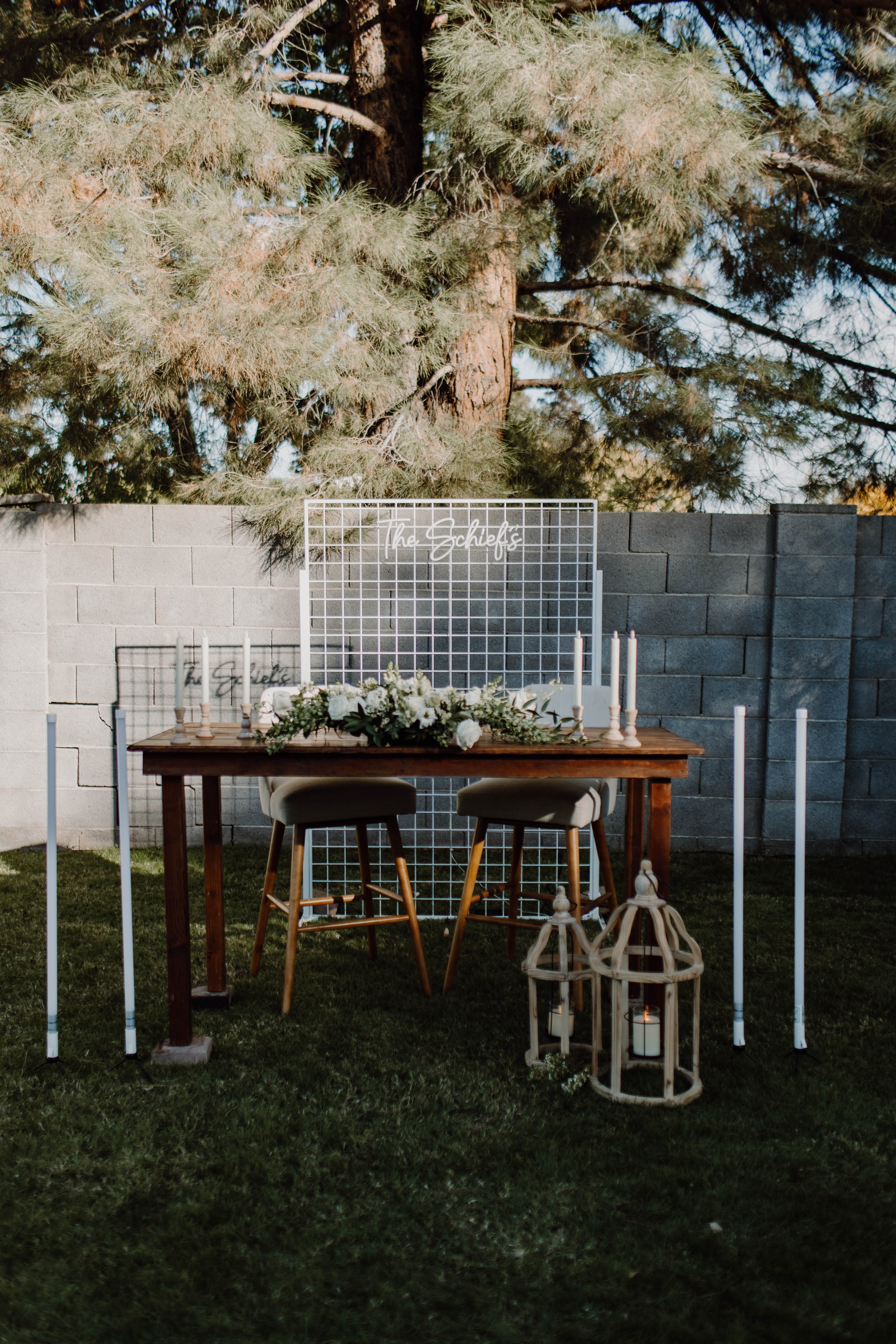 Natural Wedding Ideas - an elevated backyard wedding, bride and groom table scape.