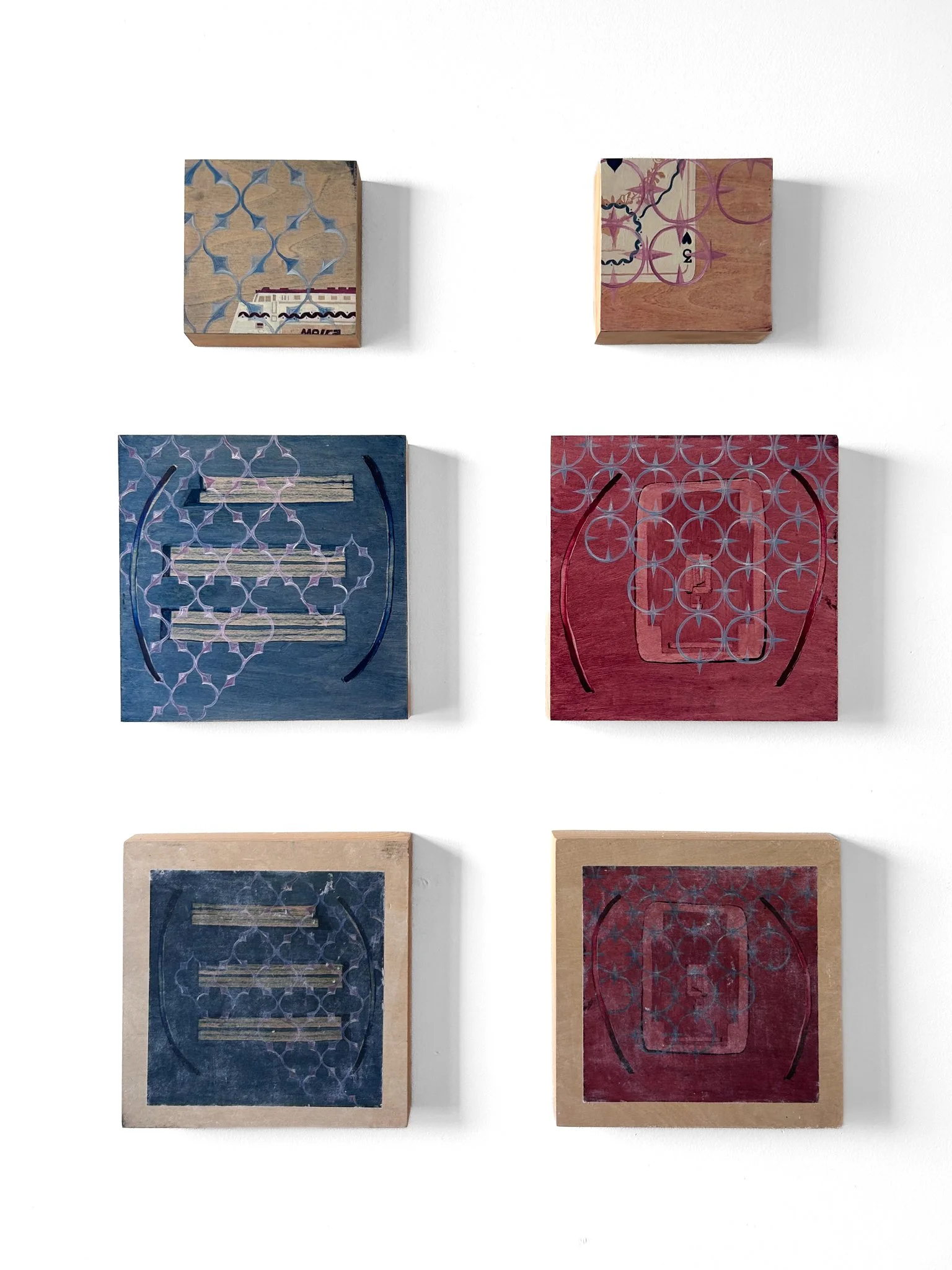 "Springtime Semiotics"
2025,
oil on panel, image transfer on panel,
10x10 in, 6x6 in, (set of 6).