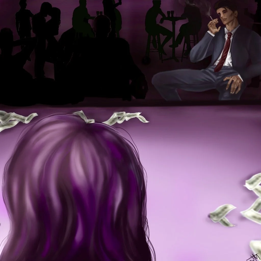 A person with purple hair is sitting at a bar or casino table, surrounded by floating dollar bills, while another person in business attire smokes a cigarette and watches from a distance in a dark, stylized bar setting with silhouettes of people in t