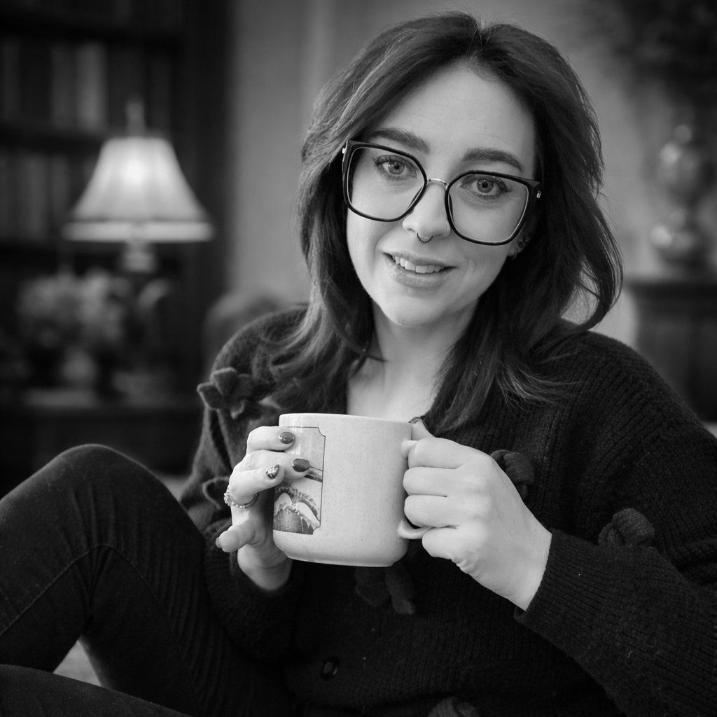 A young woman with glasses and tattoos holding a hot beverage mug, sitting in a cozy indoor space with a lamp and bookshelf in the background.