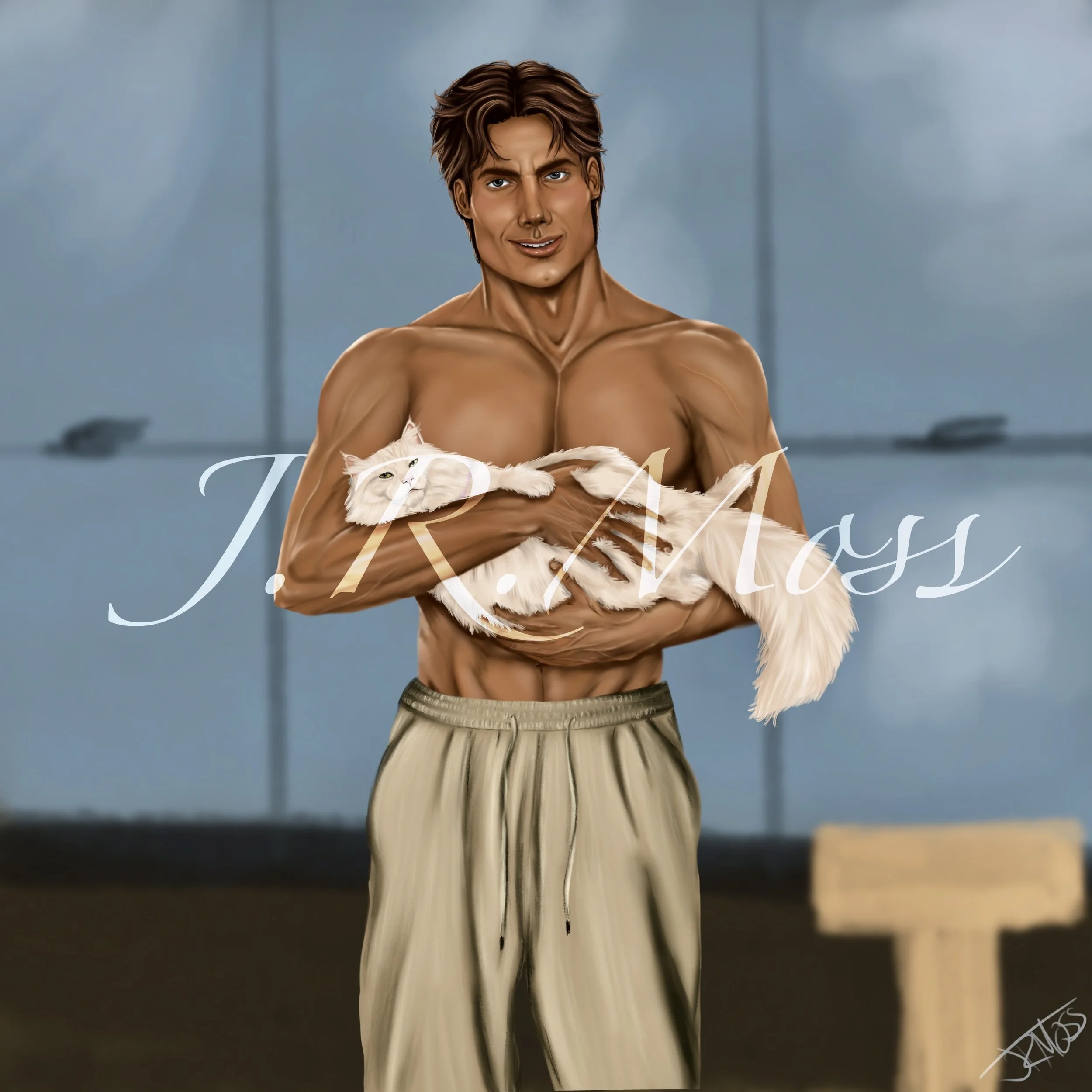 Ciro Romano (L’Uccisore) is shirtless in grey sweatpants holding his cat Cleo. The Man is L’Uccisore. Artwork by J.R.Moss