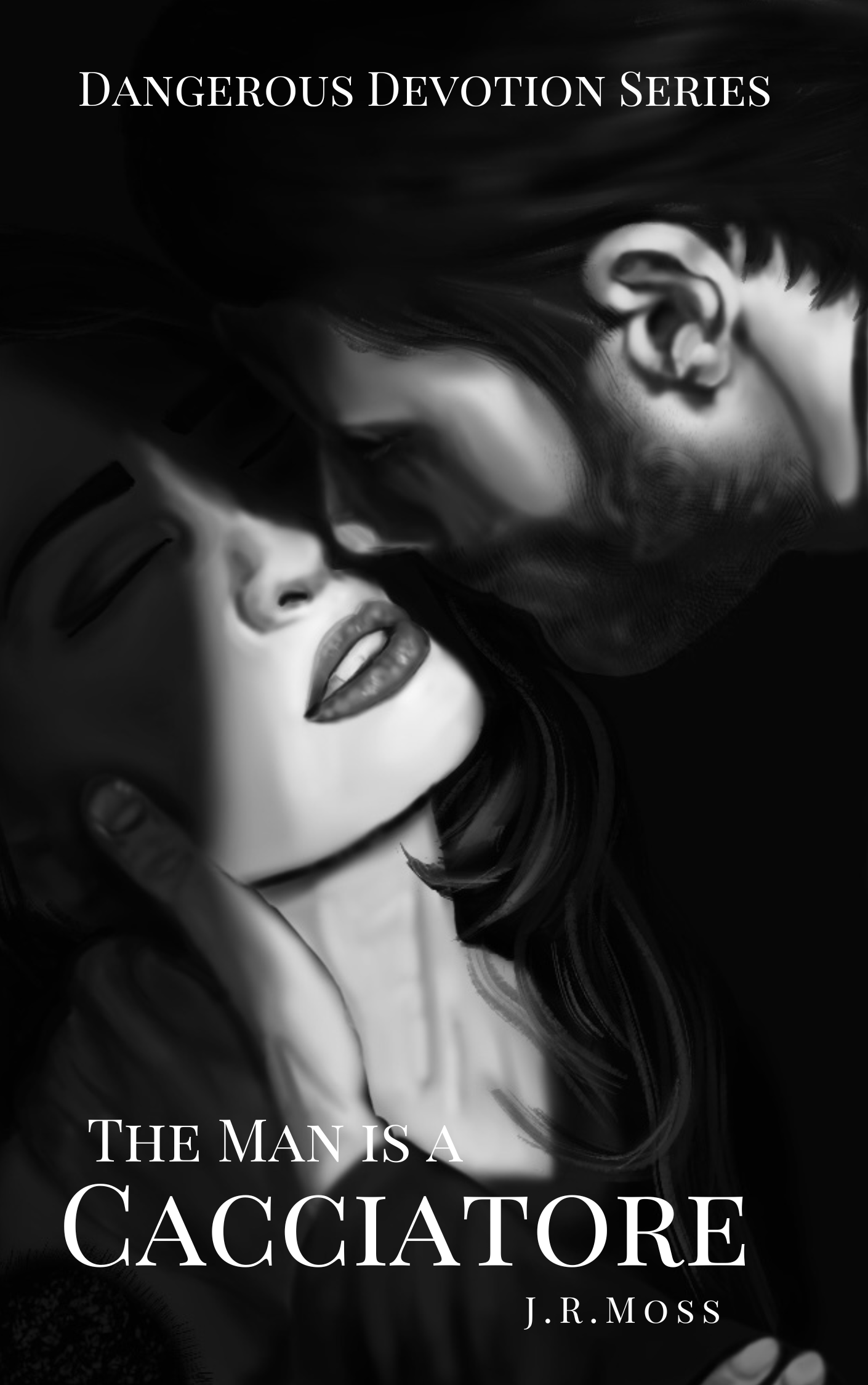 Dangerous Devotion Series: The Man Is A Cacciatore black and white photo of a drawing of a man gripping the side of a woman’s neck romantically.