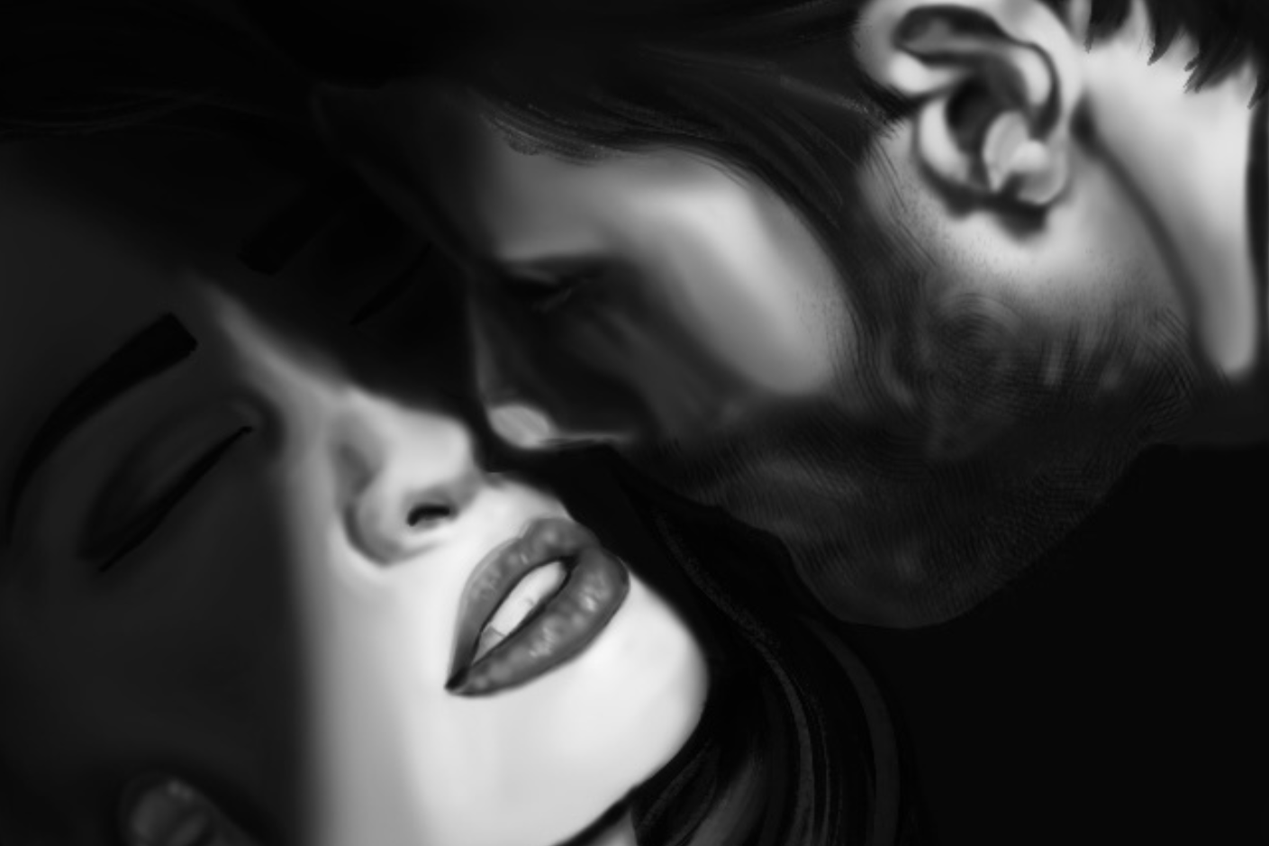 Black and white close-up of a couple with faces close together, gazing at each other.