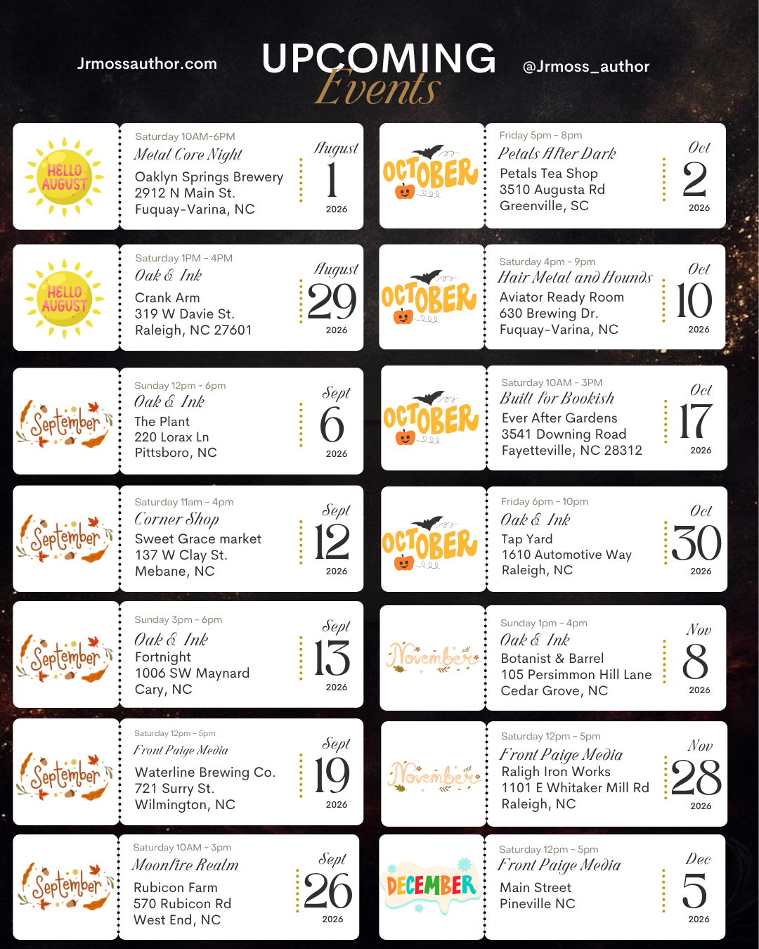 Schedule of upcoming events from August to December 2026, including event names, dates, times, locations, and some themed graphics such as Halloween pumpkins and autumn leaves.