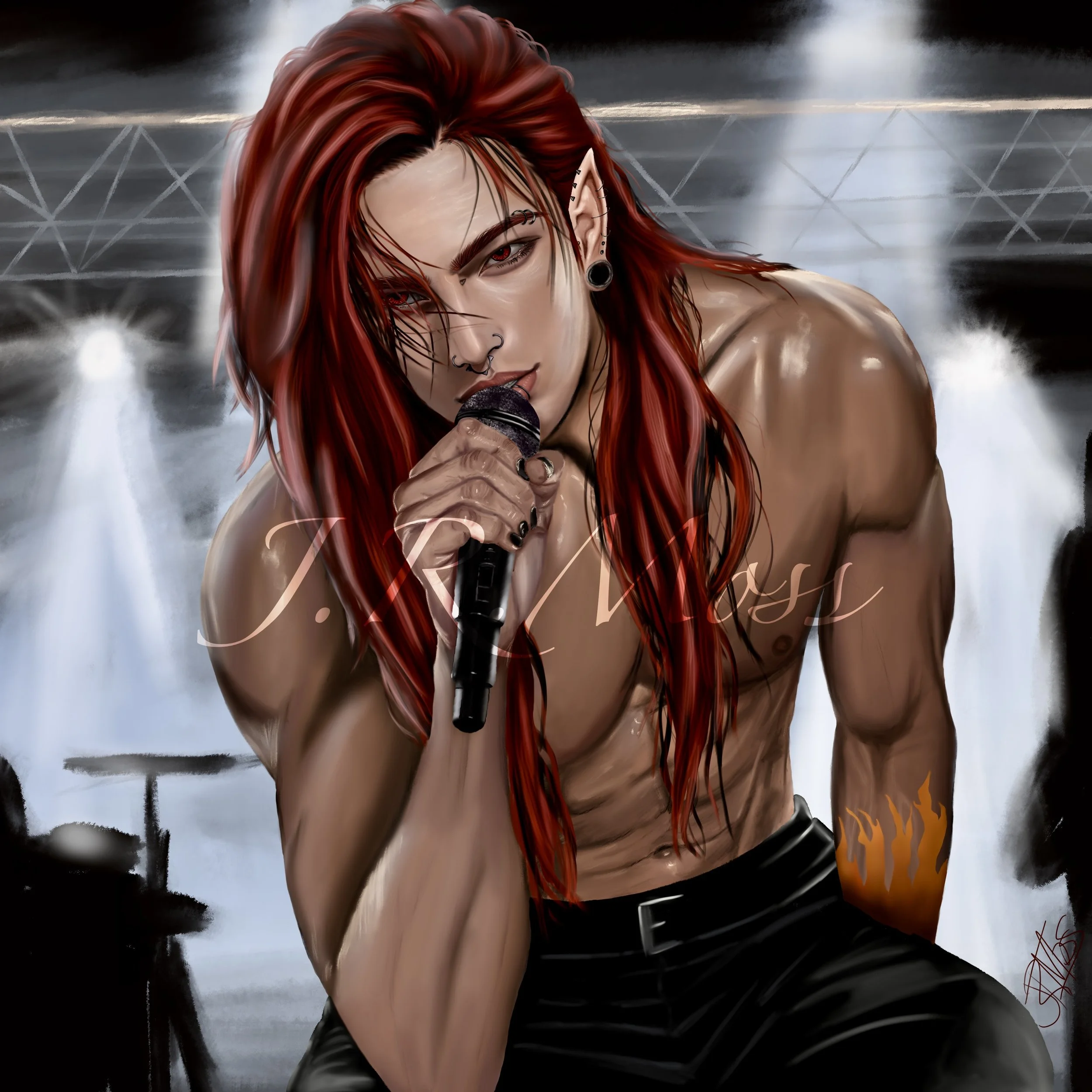 Digital illustration of a woman with long red hair and multiple facial piercings, holding a microphone, with a dark, cloudy background and streaks of light in the distance.