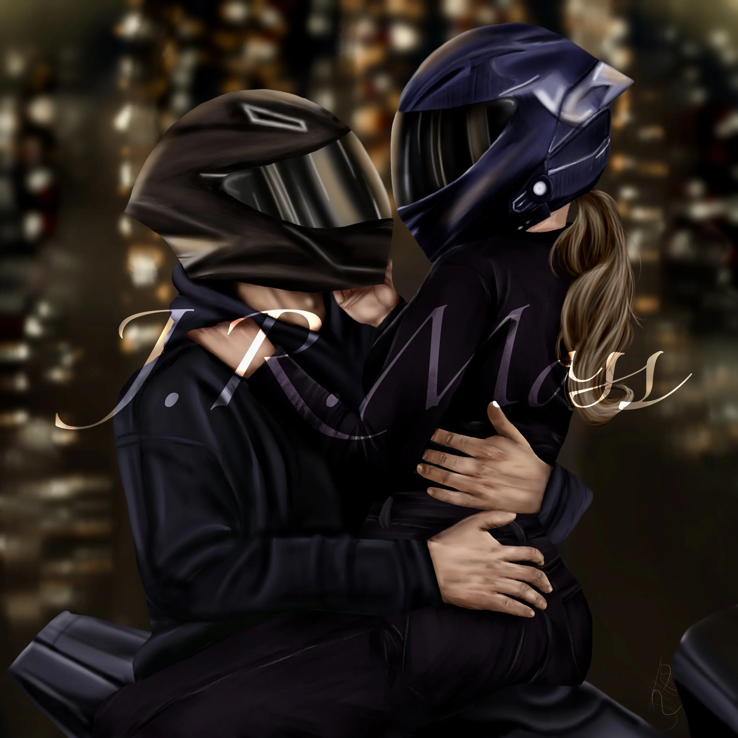 Ciro and Anastasia on motorcycle together in front of Chicago skyline. The Man is L’Uccisore. Artwork by J.R.Moss