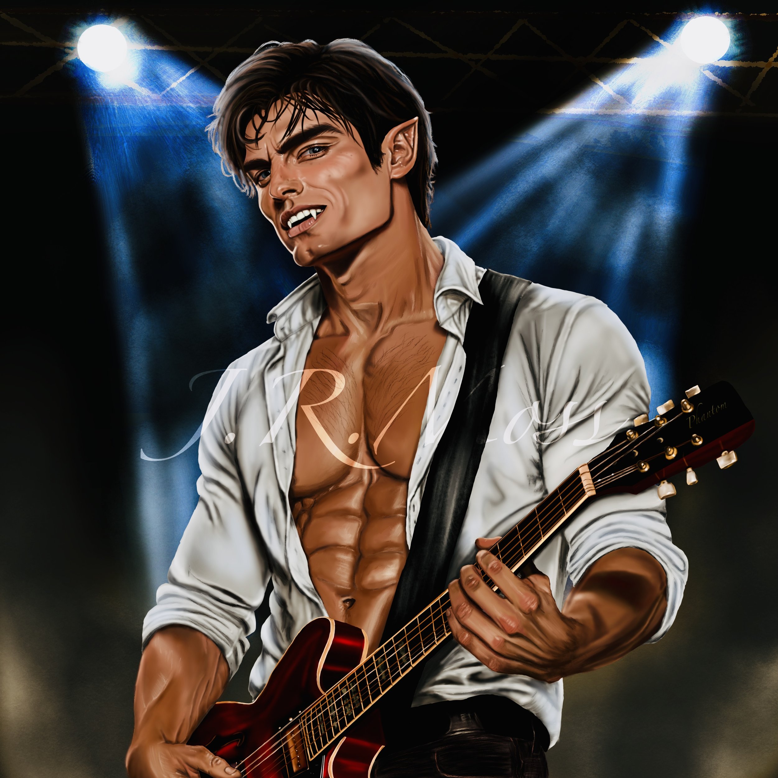 A digital illustration of a man with pointed elf-like ears, dark shaggy hair, and a confident expression, playing an acoustic guitar on stage with blue spotlights shining behind him, wearing a white open shirt revealing a muscular chest and a black s