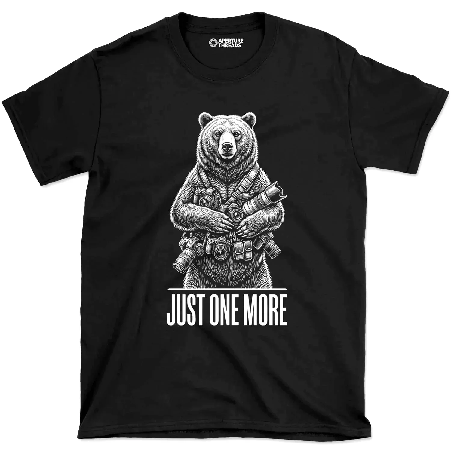 Aperture Threads t-shirt with a Grizzly Bear holding multiple cameras asking for just one more.
