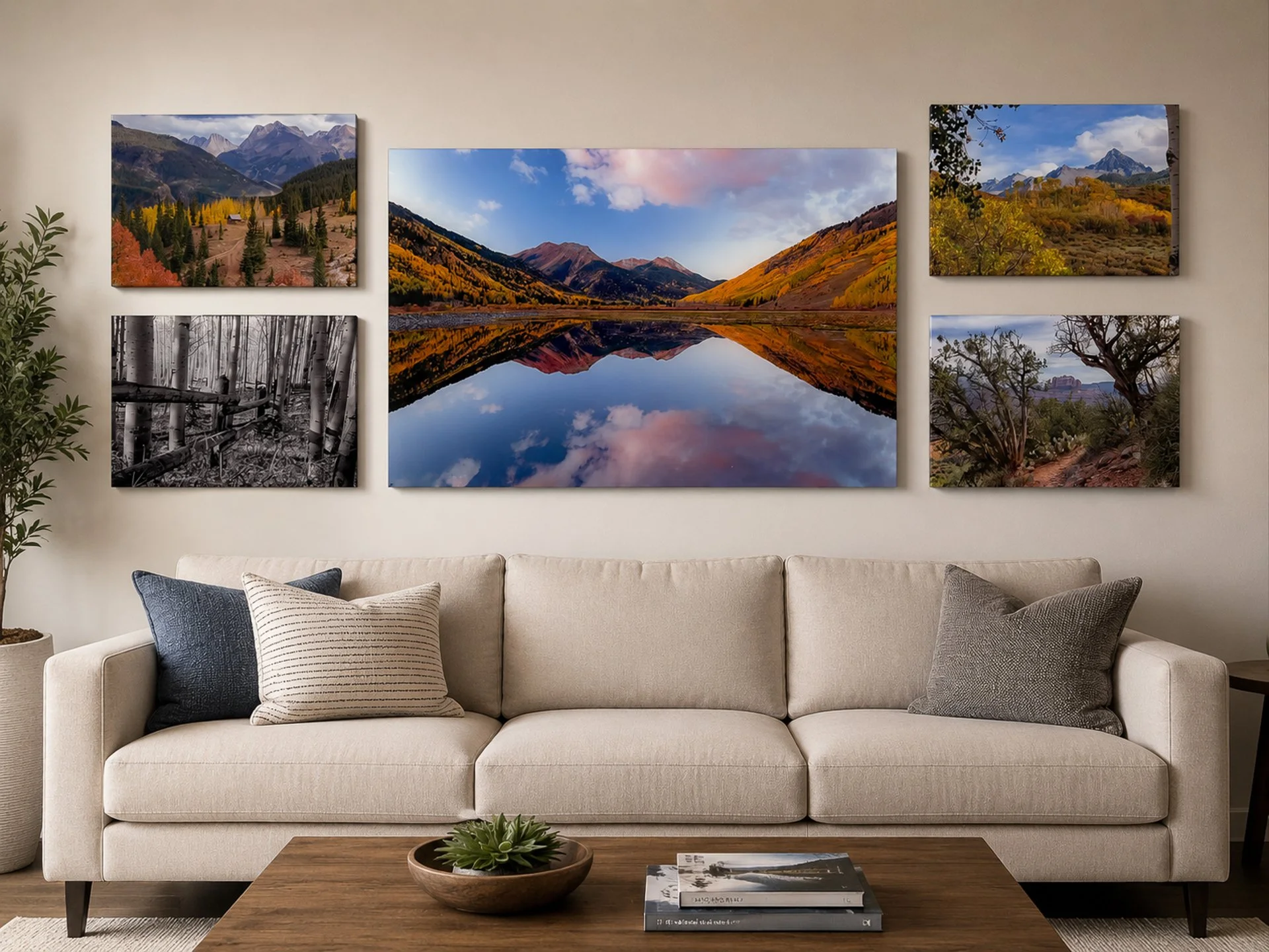 Gallery wall of mountain and landscape fine art photography displayed above a neutral sofa, with one large central image surrounded by four smaller prints.
