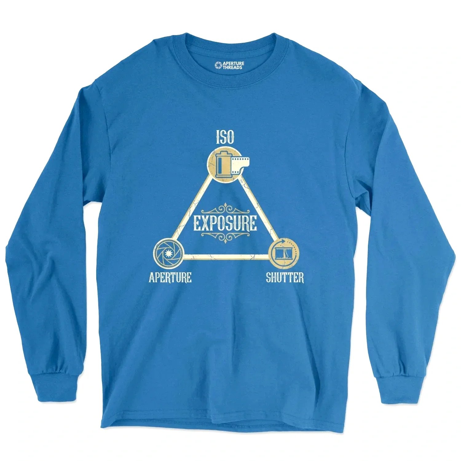 Blue long-sleeve shirt with a graphic depicting a triangle formed by an aperture, shutter, and ISO, with the words 'Exposure' in the center.