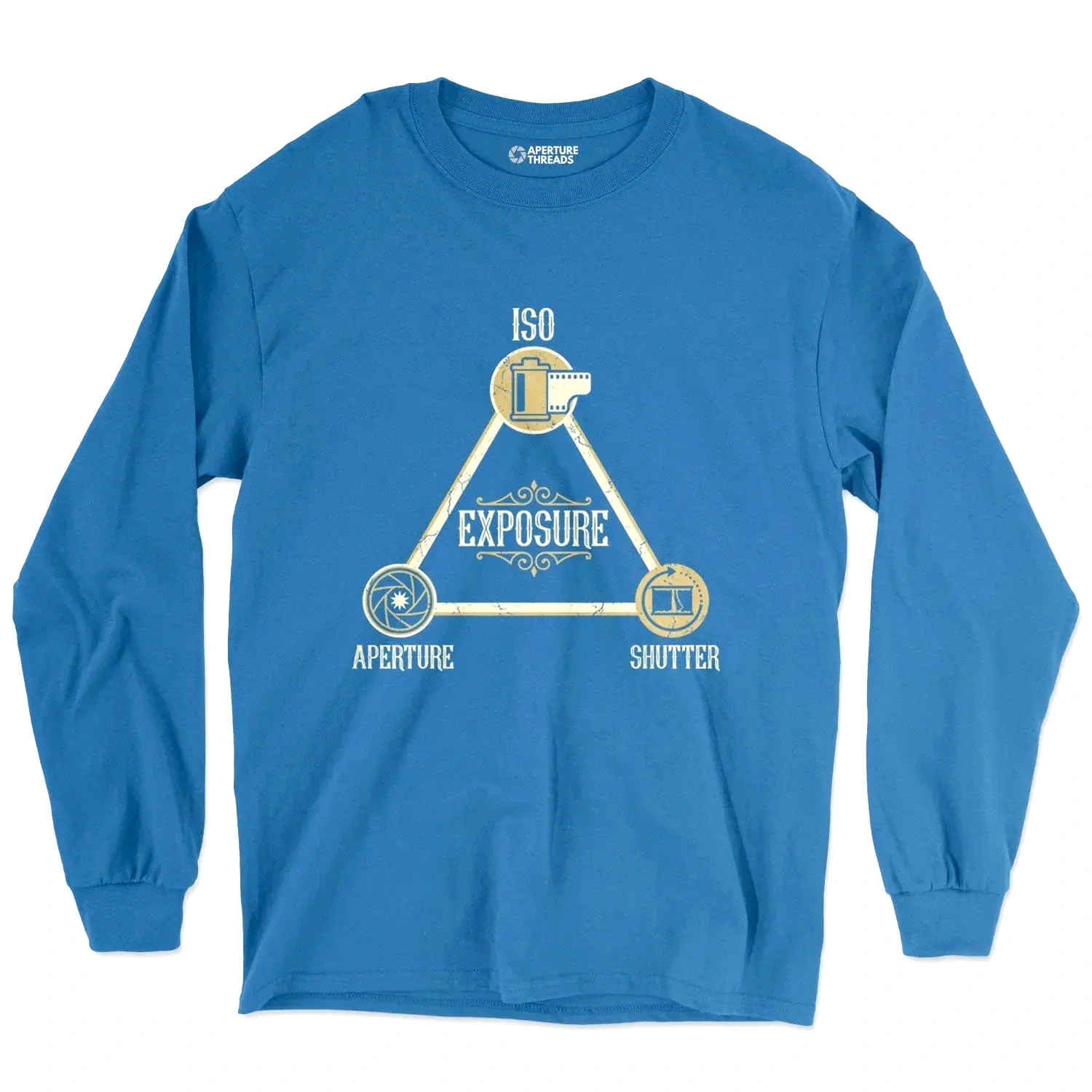 Blue long-sleeve shirt with a graphic depicting a triangle formed by an aperture, shutter, and ISO, with the words 'Exposure' in the center.