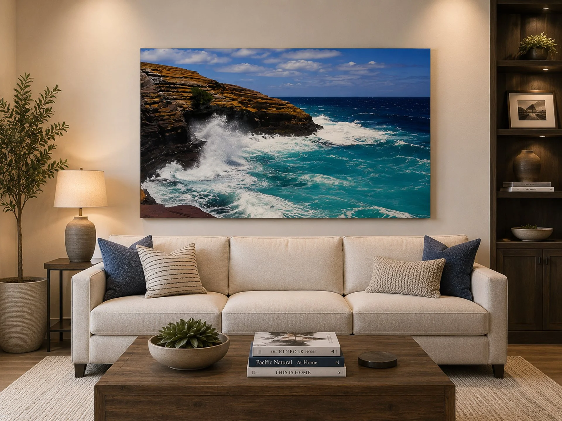 Large fine art photograph of Spitting Caves on Oahu displayed above a neutral sofa in a modern living room.