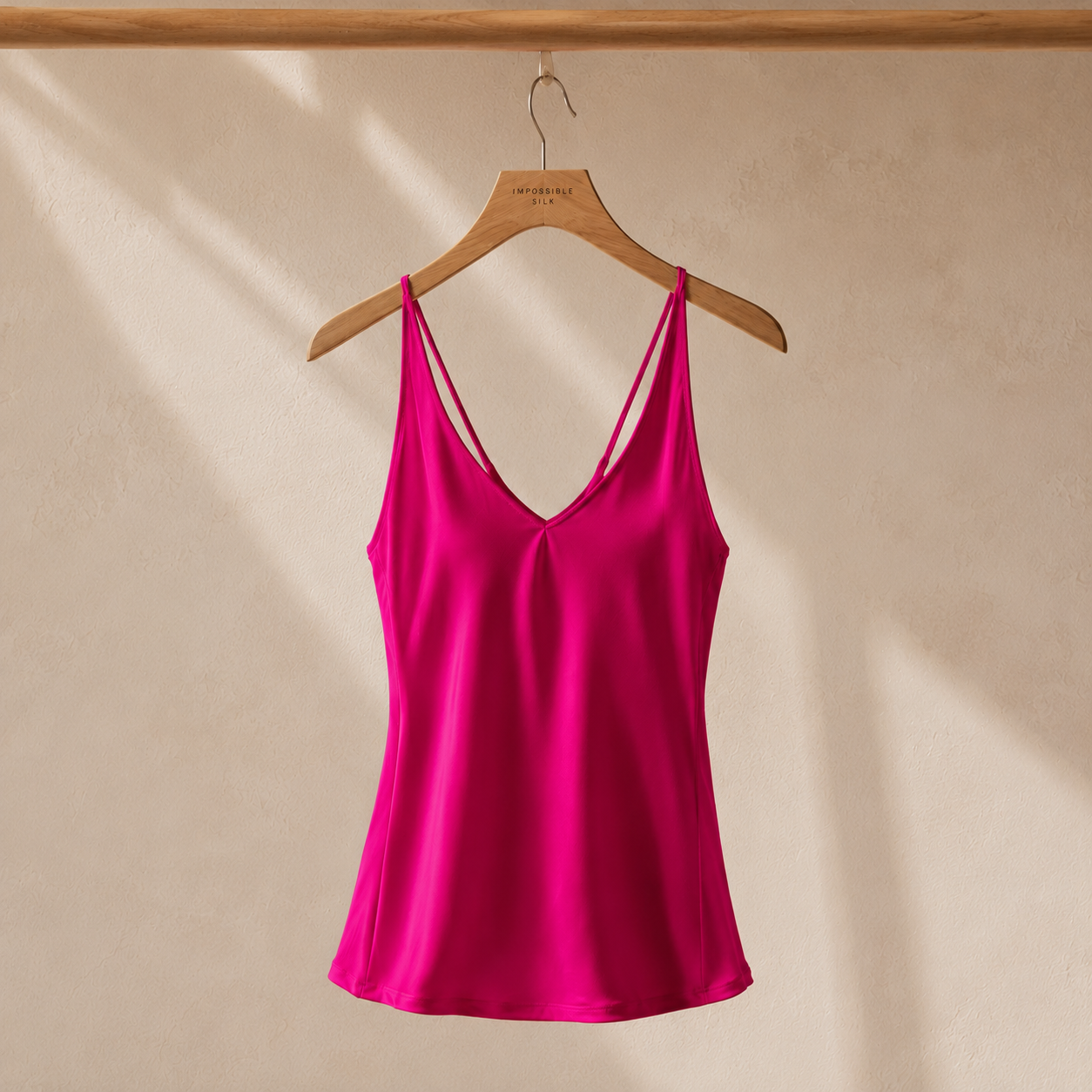 Fuchsia silk camisole top on hanger