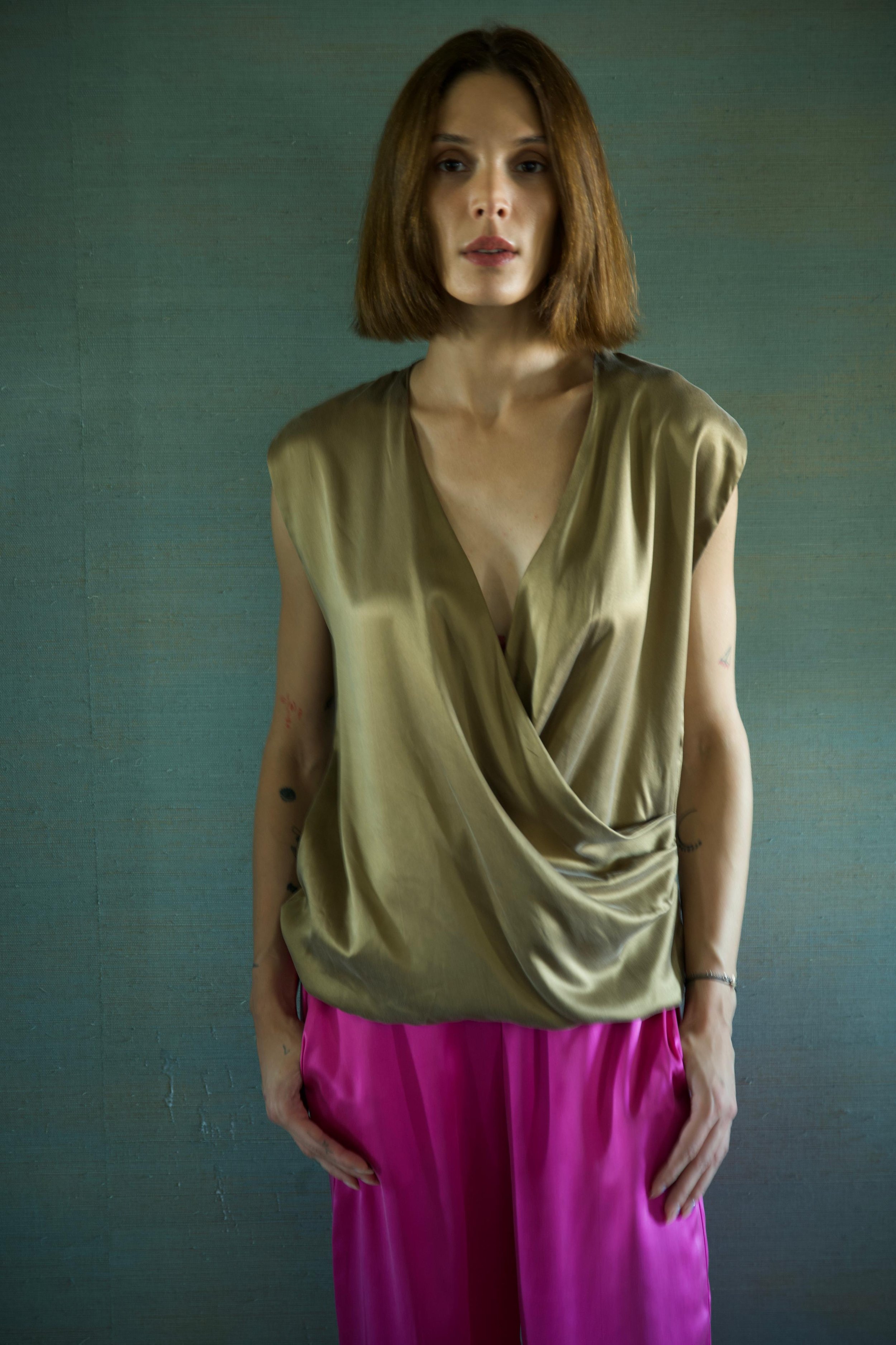 Breeze sleeveless draped  silk Top