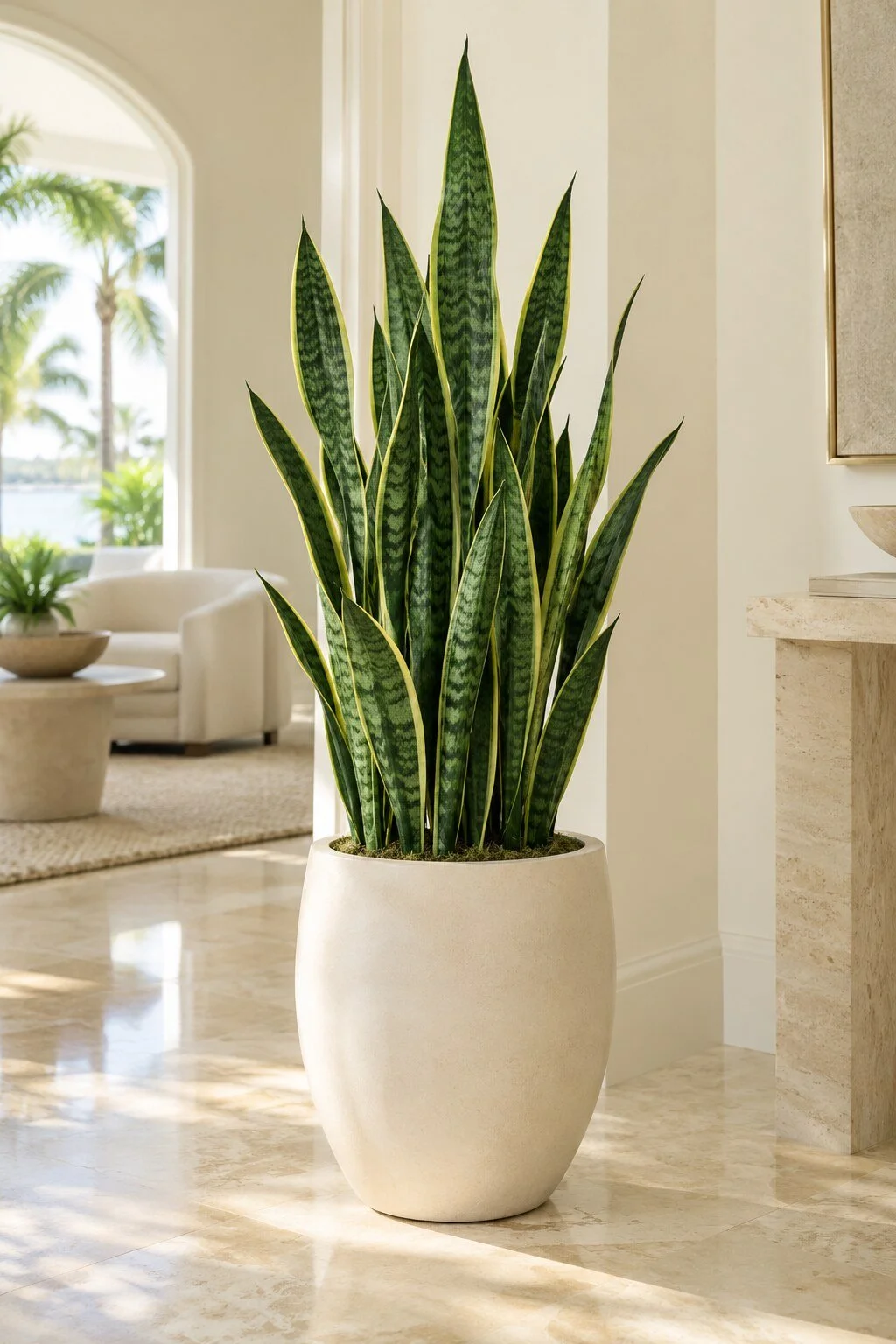 Healthy Sansevieria snake plant in an ivory planter in a bright Naples interior