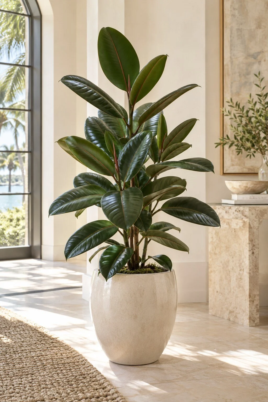 Healthy rubber plant with glossy green leaves in an ivory planter in a bright Naples interior