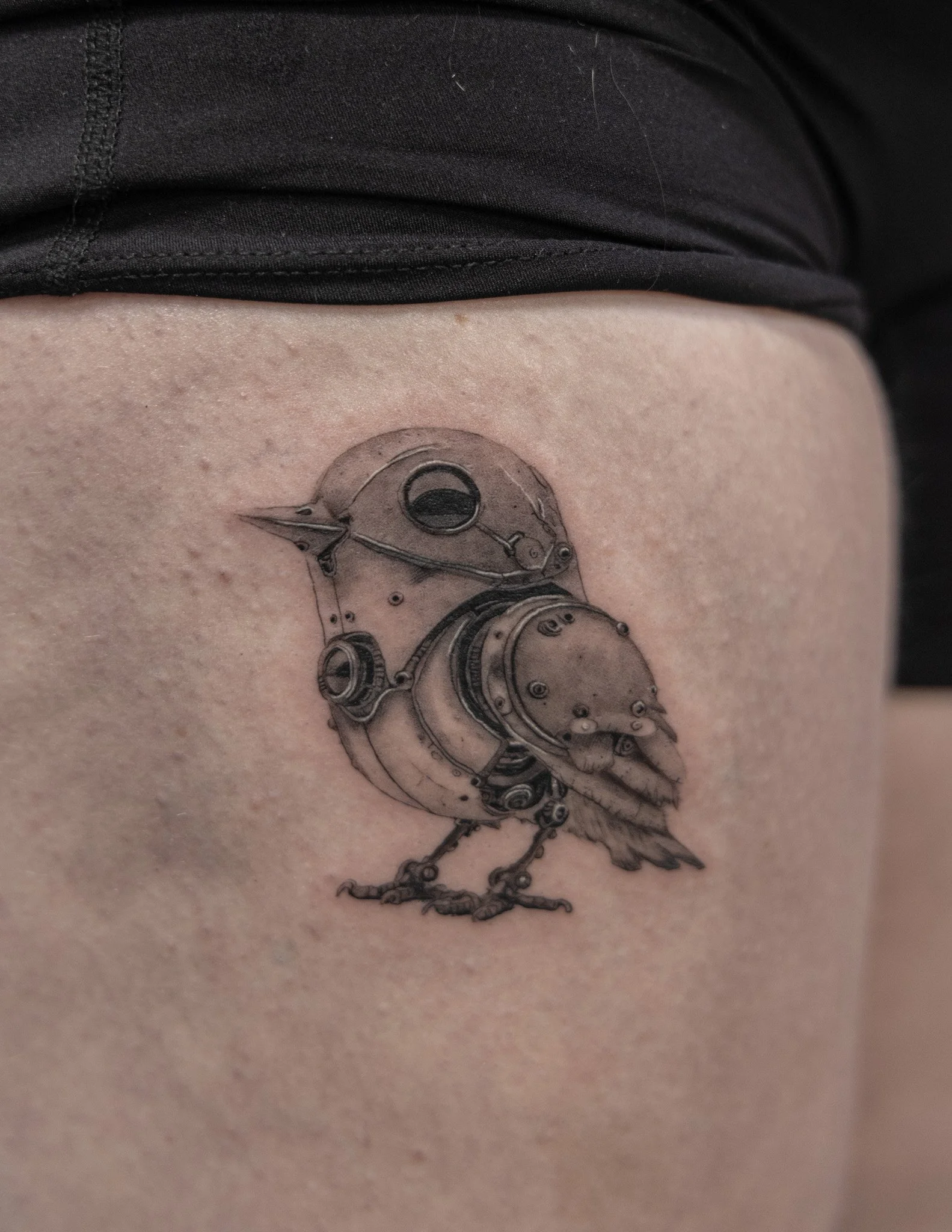 Tattoo of a bird with a mechanical, steampunk style design on a person's skin.
