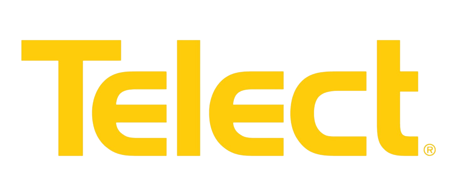 The image shows the Telect logo with yellow and white lettering on a black background.