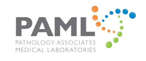 Logo of PAML, Pathology Associates Medical Laboratories, with gray and white text and colorful circular design elements.