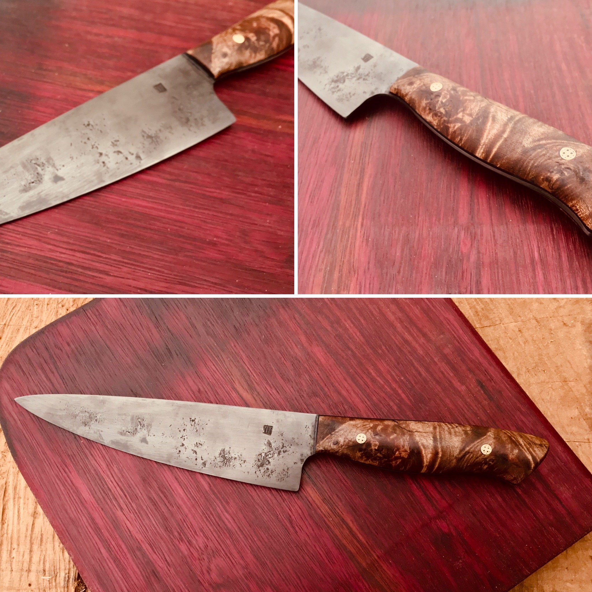 Hand Forged Chefs Knife with 1095 blade abd burl maple handle