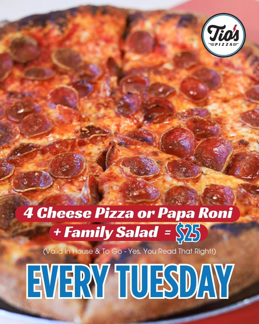 Raise your hand (or drop a 👏🏼 or 💙 in the comments) if you don't feel like cooking tonight?

Let us take care of dinner - our Tuesday special is available for dine-in in or to-go. Call to order, or come by! 🍕🥗

#tiospizzachico #pizza #chicoca #f