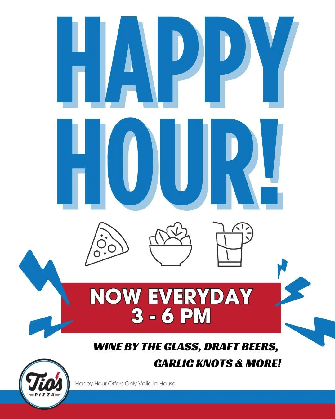 We were having too much fun at Happy Hour - so now it&rsquo;s every day! 🍷🍕 Stop by and treat yourself to your favorites from our Happy Hour menu, from 3-6 🎉

#happyhour #tiospizzachico #foodiesofchico #pizza #chicoca