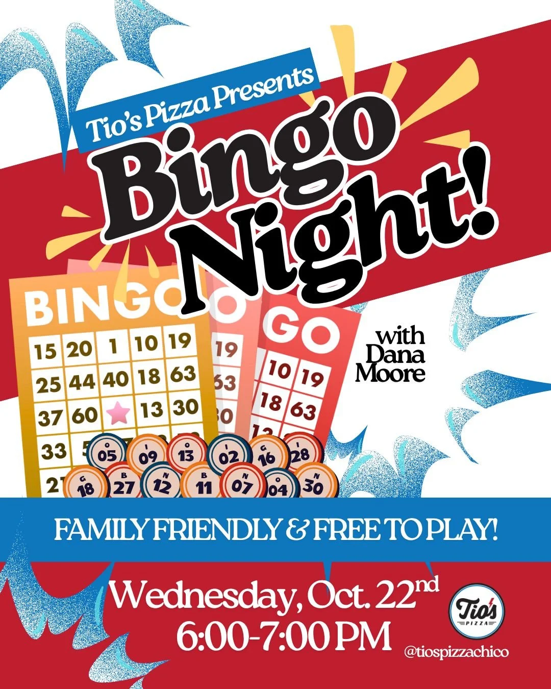 Come join us for free Family Friendly Bingo Night with Dana Moore at Tio&rsquo;s on Wednesday, October 22nd from 6&ndash;7 PM! 🍕 Have dinner, play some bingo, and enjoy a night full of laughs, prizes, and good old-fashioned family fun! We can't wait