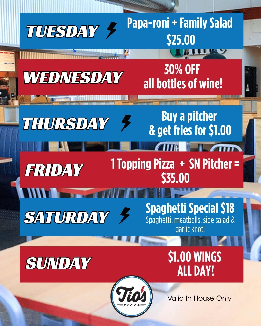 We&rsquo;ve got something special happening every day we&rsquo;re open! Tell us in the comments which one are you most excited for!

#tiospizzachico #weeklyspecials #pizza #paparoni #foodiesofchico #meriampark