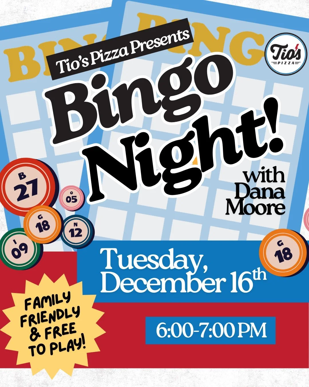 Same beloved Bingo Night, just a slightly different day. With the holiday bustle picking up, we&rsquo;ll see you Tuesday, Dec. 16th for all-ages fun. Pro tip: come for happy hour, stay for bingo💙❤️

#tiospizzachico #pizza #happyhourchico #bingonight