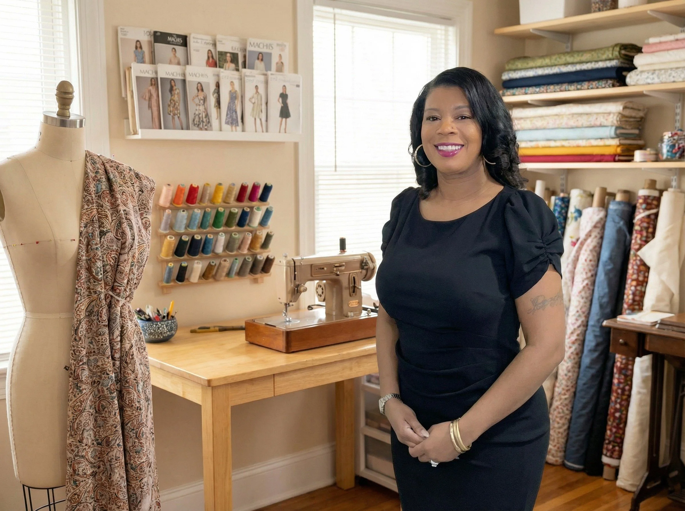 A woman in black dress standing in a sewing room with a mannequin dressed with fabric, sewing thread spools, a sewing machine, and fabric piles on shelves.