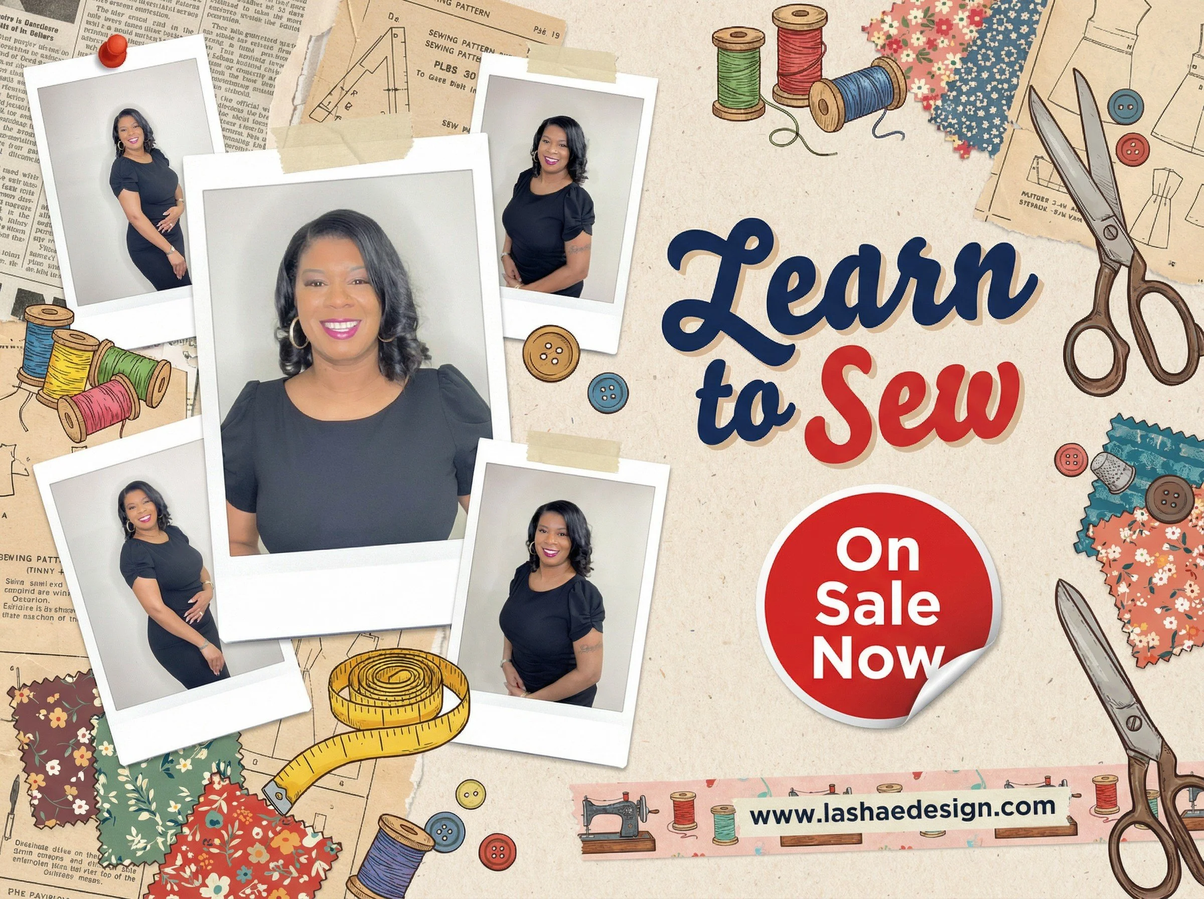 A promotional graphic for a sewing learning program featuring multiple photos of a smiling woman in a black outfit, surrounded by sewing-related illustrations such as spools of thread, fabric swatches, scissors, buttons, a measuring tape, and sewing patterns. The text reads "Learn to Sew" and "On Sale Now" with a website link www.lashaedesign.com.