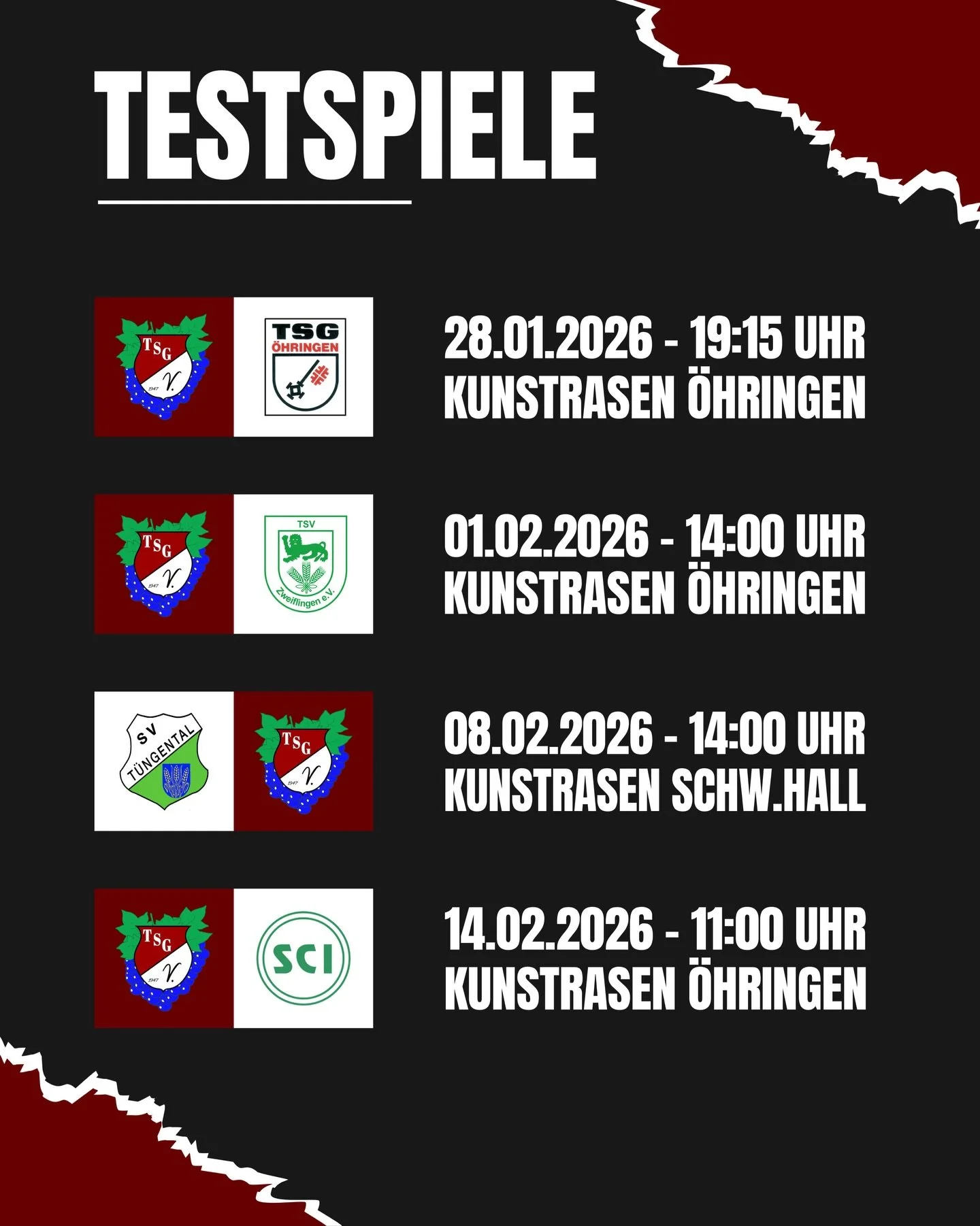 ++ TESTSPIELE 📅 ++ 

Heute Abend steht f&uuml;r unsere Mannschaft das erste Testspiel der Vorbereitung an. Gegner ist die TSG &Ouml;hringen II, gespielt wird auf dem Kunstrasen in &Ouml;hringen. Ob der Platz tats&auml;chlich bespielbar ist, entschei