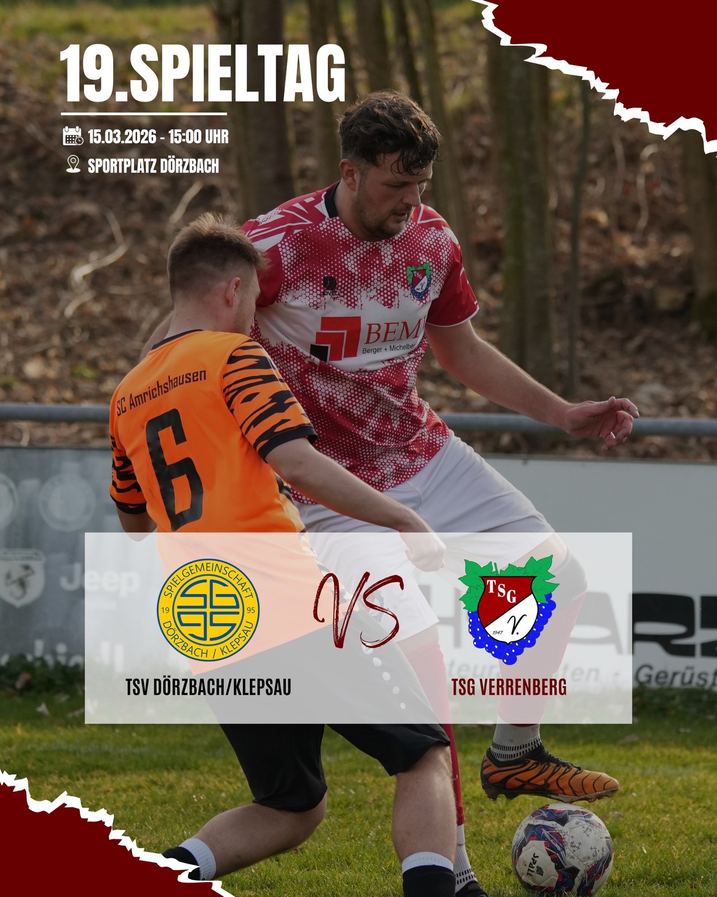 ++ 19.SPIELTAG ++ 

Am Sonntag ist die TSG Verrenberg ausw&auml;rts beim TSV D&ouml;rzbach/Klepsau gefordert. Die Gastgeber stehen aktuell in der oberen Tabellenh&auml;lfte und gehen somit als Favorit in die Partie. Das Hinrundenspiel verlief aus Sic