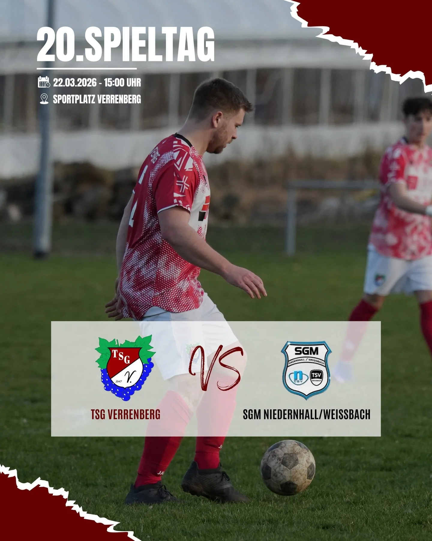 ++ 20.SPIELTAG ++ 

Am kommenden Sonntag steht f&uuml;r die TSG Verrenberg das n&auml;chste Heimspiel auf dem Programm. Anpfiff ist um 15:00 Uhr, zu Gast ist die SGM Niedernhall/Wei&szlig;bach. Die G&auml;ste belegen aktuell den 5. Tabellenplatz und 