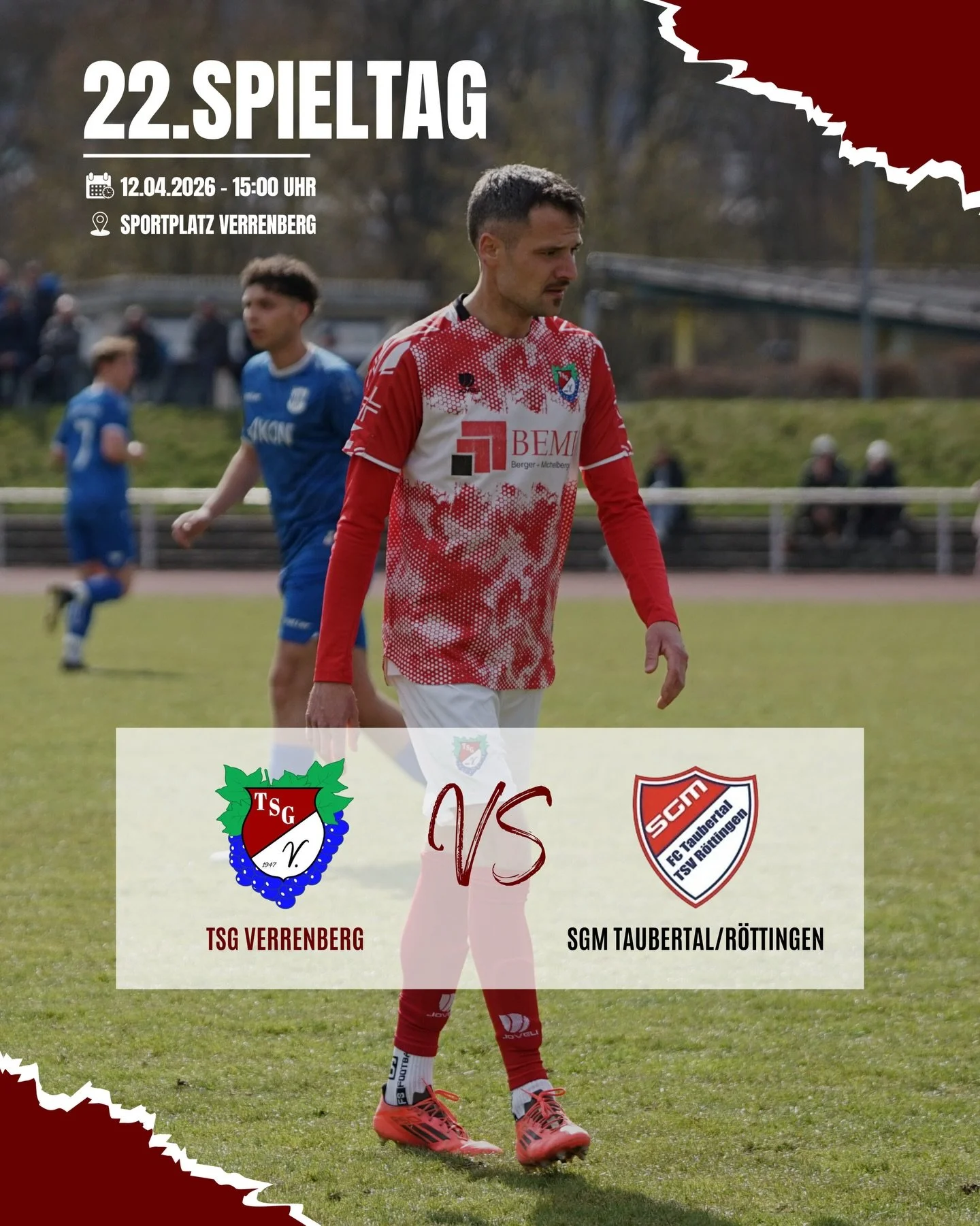 ++ 22.SPIELTAG ++ 

Am kommenden Sonntag steht f&uuml;r die erste Mannschaft der TSG Verrenberg das n&auml;chste Heimspiel an. Zu Gast ist die SGM Taubertal/R&ouml;ttingen, die aktuell zu den formst&auml;rksten Teams der R&uuml;ckrunde in der Kreisli