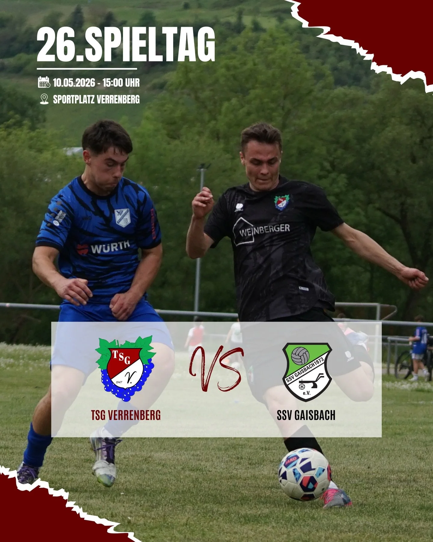 ++ 26.SPIELTAG ++ 

Am Sonntag steht f&uuml;r die TSG Verrenberg ein wichtiges Heimspiel an. Mit dem SSV Gaisbach reist der aktuell Drittplatzierte nach Verrenberg. Ansto&szlig; ist um 15:00 Uhr. Das Hinrundenspiel ging mit 0:3 verloren, diesmal will