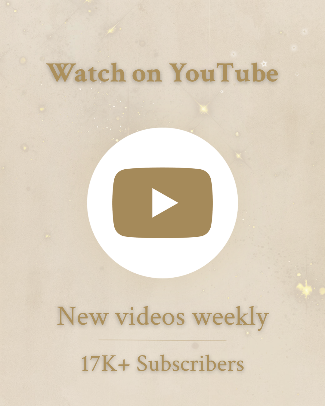 Empowered Gems Tarot YouTube channel tile with play button icon on a gold sparkle background, showing 17K+ subscribers and new videos weekly.
