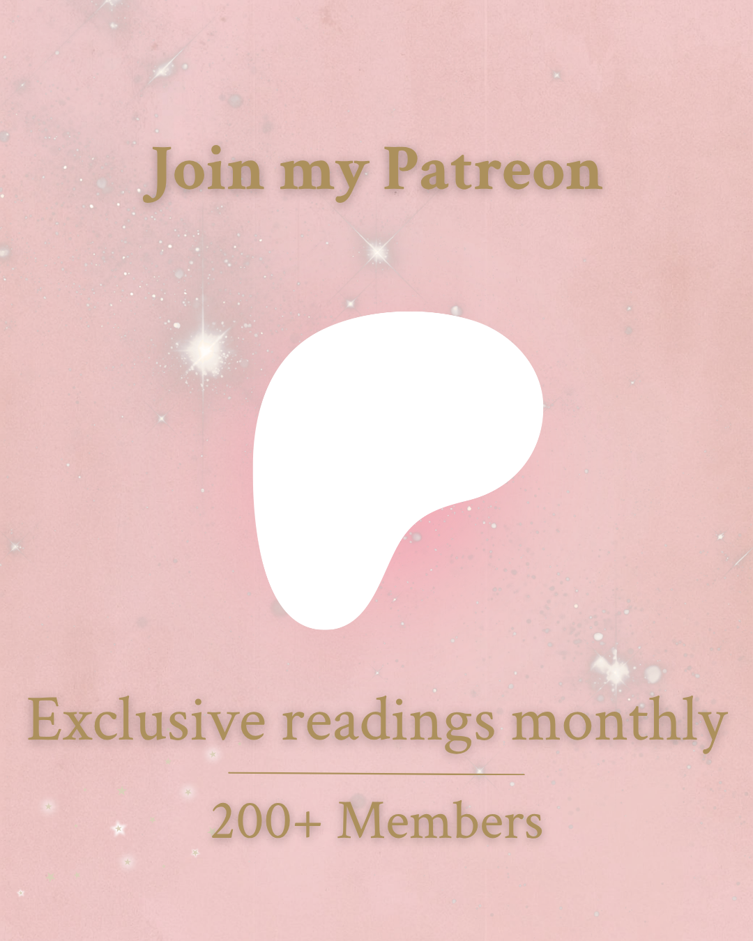 Empowered Gems Tarot Patreon membership tile with Patreon logo icon on a blush pink sparkle background, showing 200+ members and exclusive readings monthly.