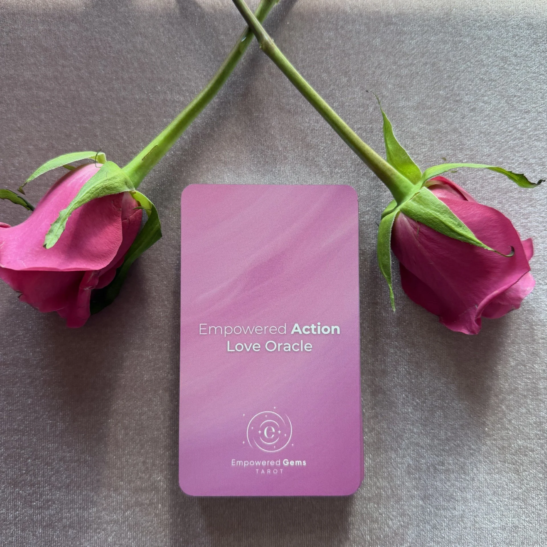 Empowered Action Love Oracle deck with pink roses on mauve background.