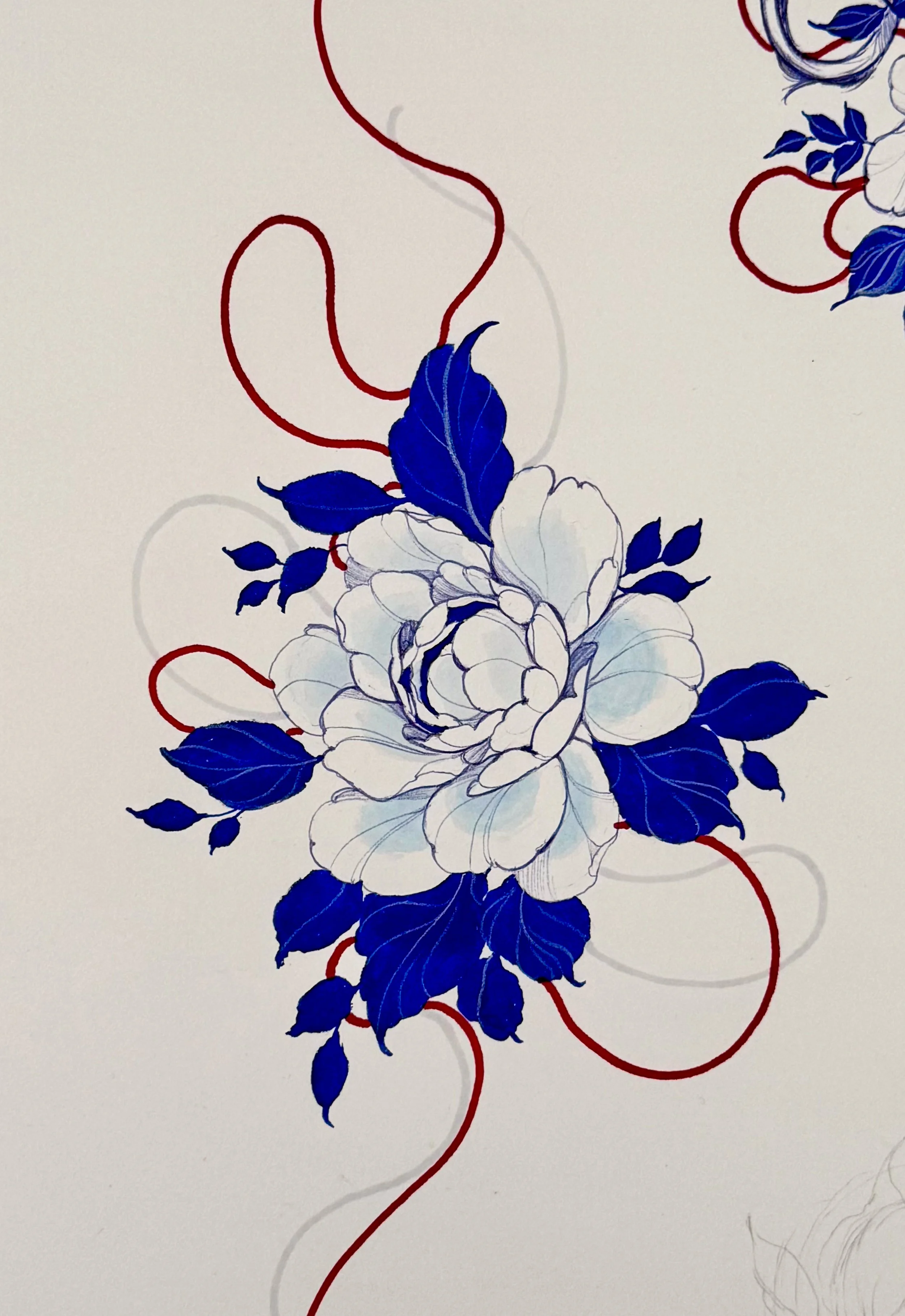 A floral design featuring a detailed white flower with blue leaves and red swirling lines on a light background.