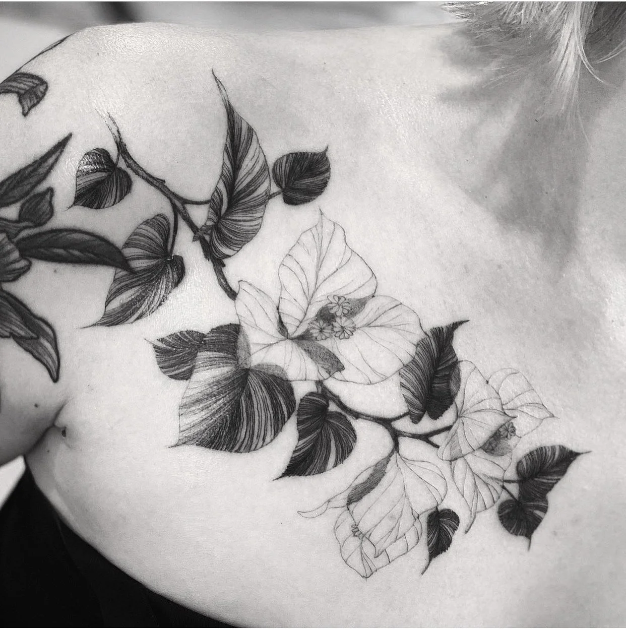 A black and white tattoo of a flowering vine with detailed leaves and small flowers on a person's shoulder.