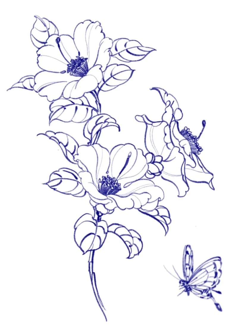 Line drawing of blooming flowers and butterflies in blue ink.